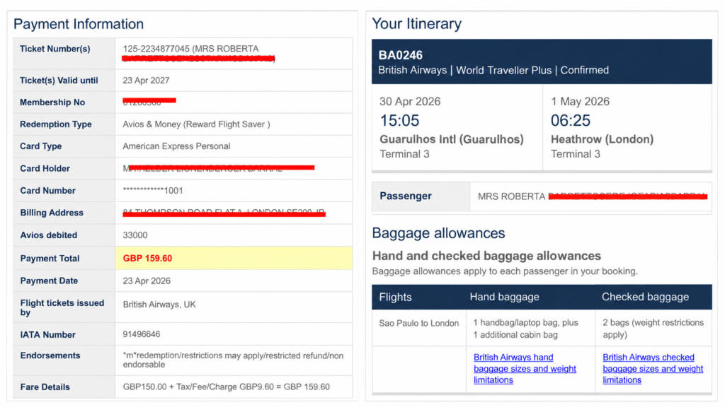 British Airways Itinerary and Payment Confirmation