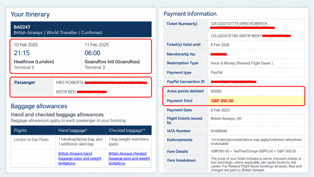 British Airways Itinerary and Payment Summary
