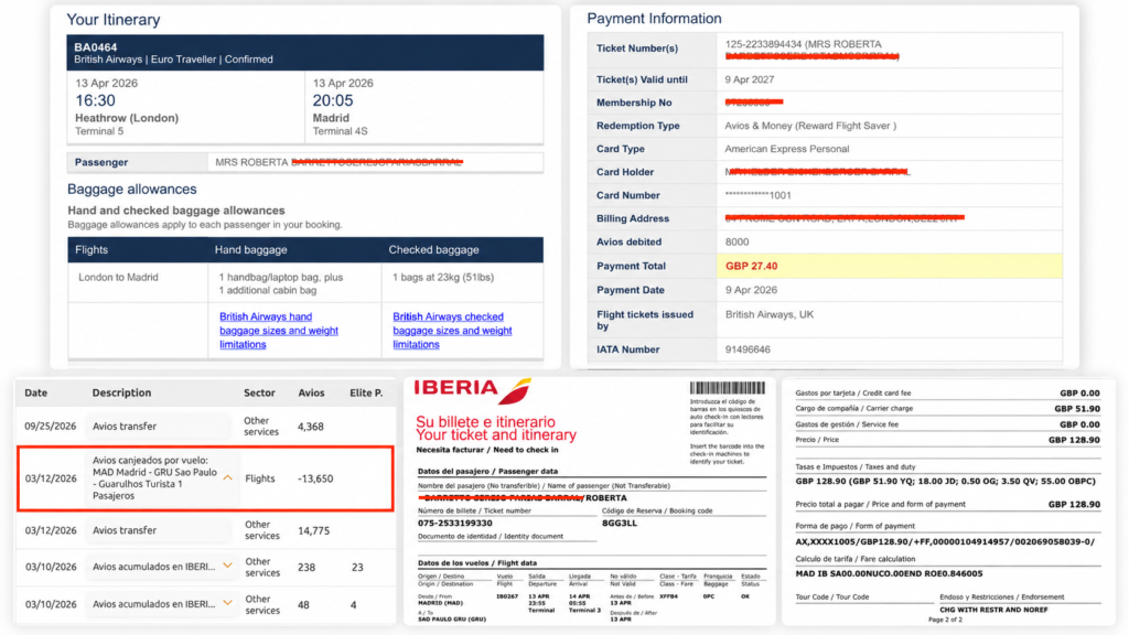 Travel Itinerary and Avios Records